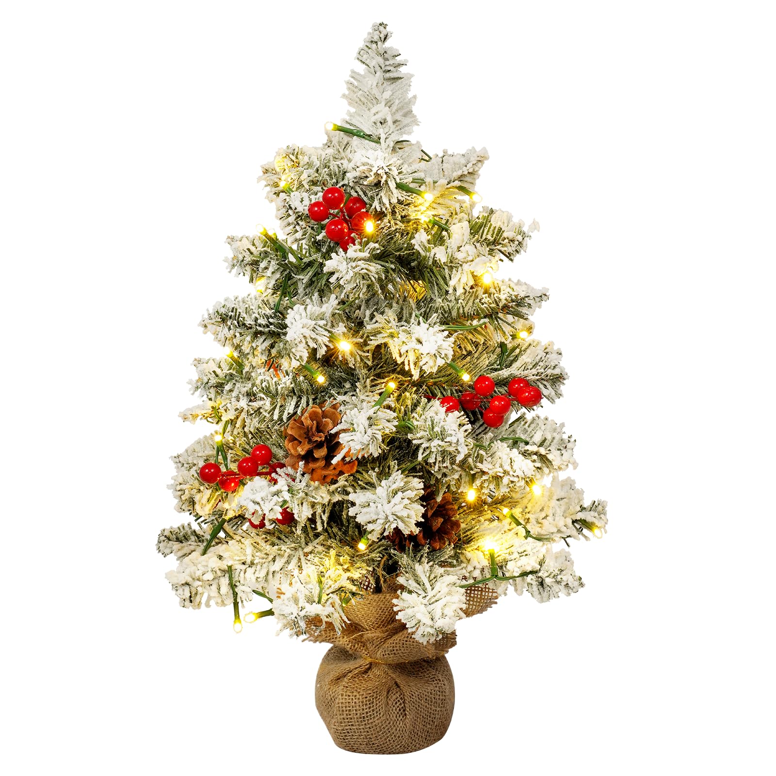 Uten Artificial Mini Christmas Tree, 1.8ft/55cm Snow Flocked Desktop Small Christmas Tree with 40 LED String Lights, 4 Groups Red Berries, 5 Pine Cones, Burlap Base for Desktop Christmas Decoration