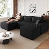 95" Modular Sectional Sofa with Ottoman, Modern Corduroy Cloud Couch with Deep Seat, Boneless Couch Upholstered 3-Seater U-Shaped Sofa for Living Room, No Assembly (Black,Left-Facing Chaise)