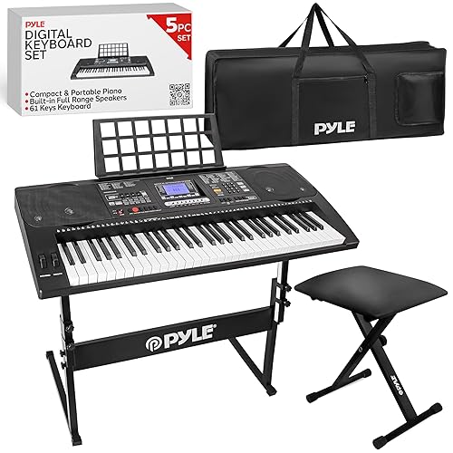 Pyle 61-Key Digital Karaoke Keyboard Piano – Portable Electronic Music Keyboard with Stand, Stool, Mic Input, Stereo Speakers, Record & Playback, Teaching Functions & Case Bag
