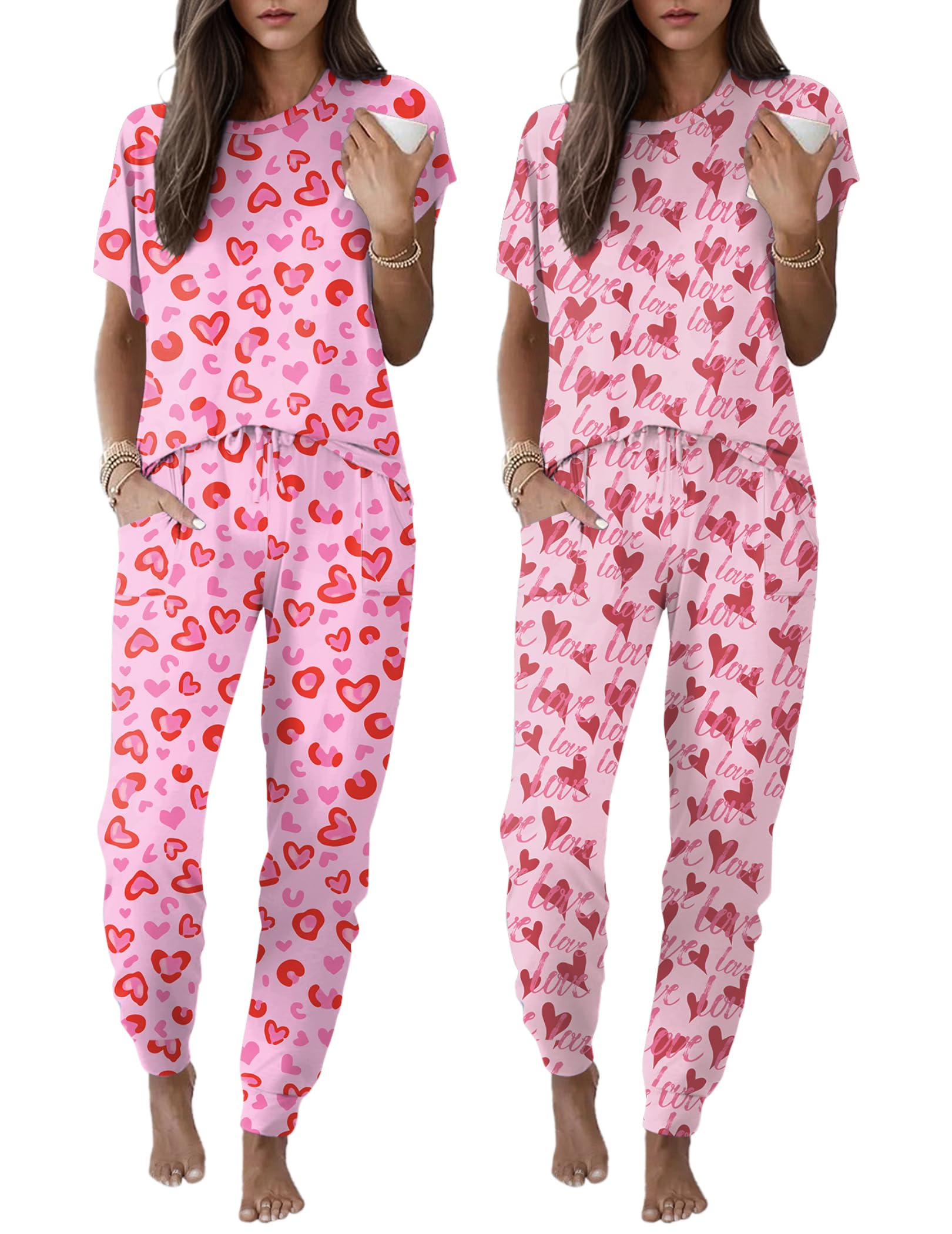 Ekouaer 2 pack Pajama Sets for Womens Jogger Pants Pjs Short Sleeves Lounge Set Soft Sleepwear with Pockets Pink Leopard and Pink Love XL Image