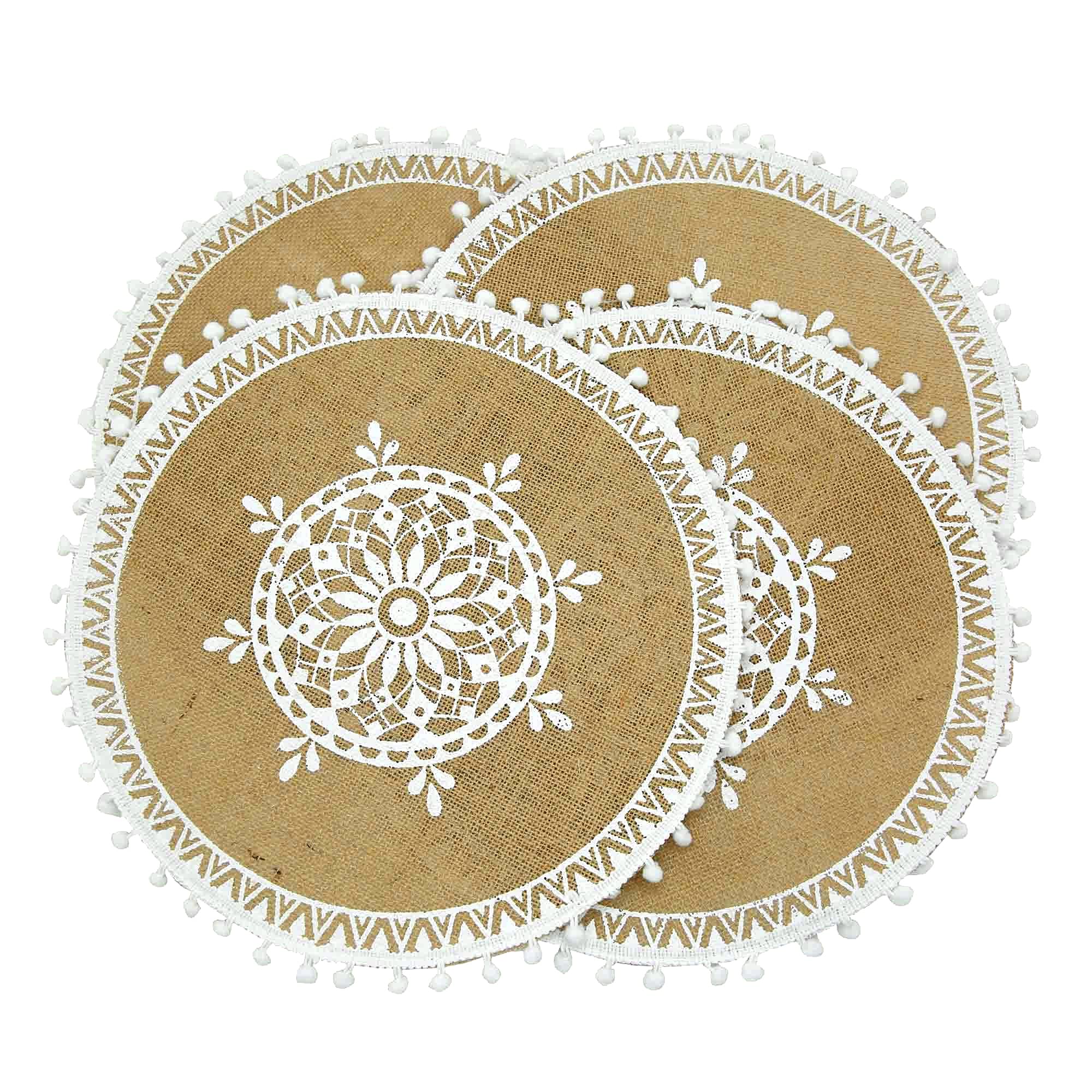CAPASIN Round Placemats Set of 4, Dining Winter Modern Dinner Braided Beige Boho Round Table and Fall Circle Placemats Boho Runner Kitchen Table Plate Mats Set of 4 (White Ball B)