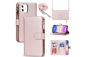 Jaorty for iPhone 11 Case with Card Holder,for iPhone 11 Phone Case Wallet for Women with Strap,Crossbody Necklace Lanyard Shoulder Strap Zipper Magnetic Leather Case [9 Card Slots],6.1 inch Rosegold