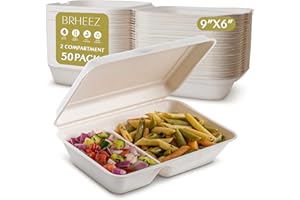 brheez Disposable Clamshell To Go Containers (50 Pack) Bagasse Fiber Biodegradable Containers With Lids, 9"x6" (2-Compartment Boxes) For Takeout, Parties, & Holidays - Chemical Free, White