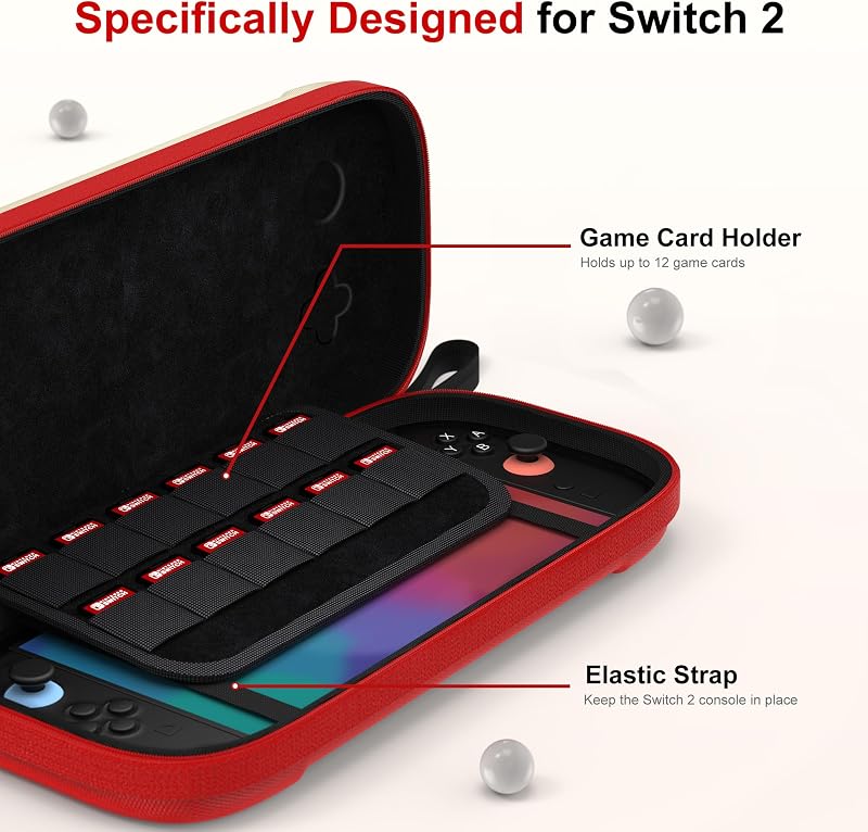 Funda Delgada para Nintendo Switch 2 (2025), Estuche rígido de Viaje para 12 casetes de Juegos, Funda Protectora para Consola Switch 2 y Accesorios de Juegos, Color Blanco y Rojo