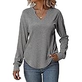 Totatuit Sweatshirts for Women V Neck Long Sleeve Shirts Loose Lightweight Curved Hem Casual Pullover Tops 2025 Fall Grey Large