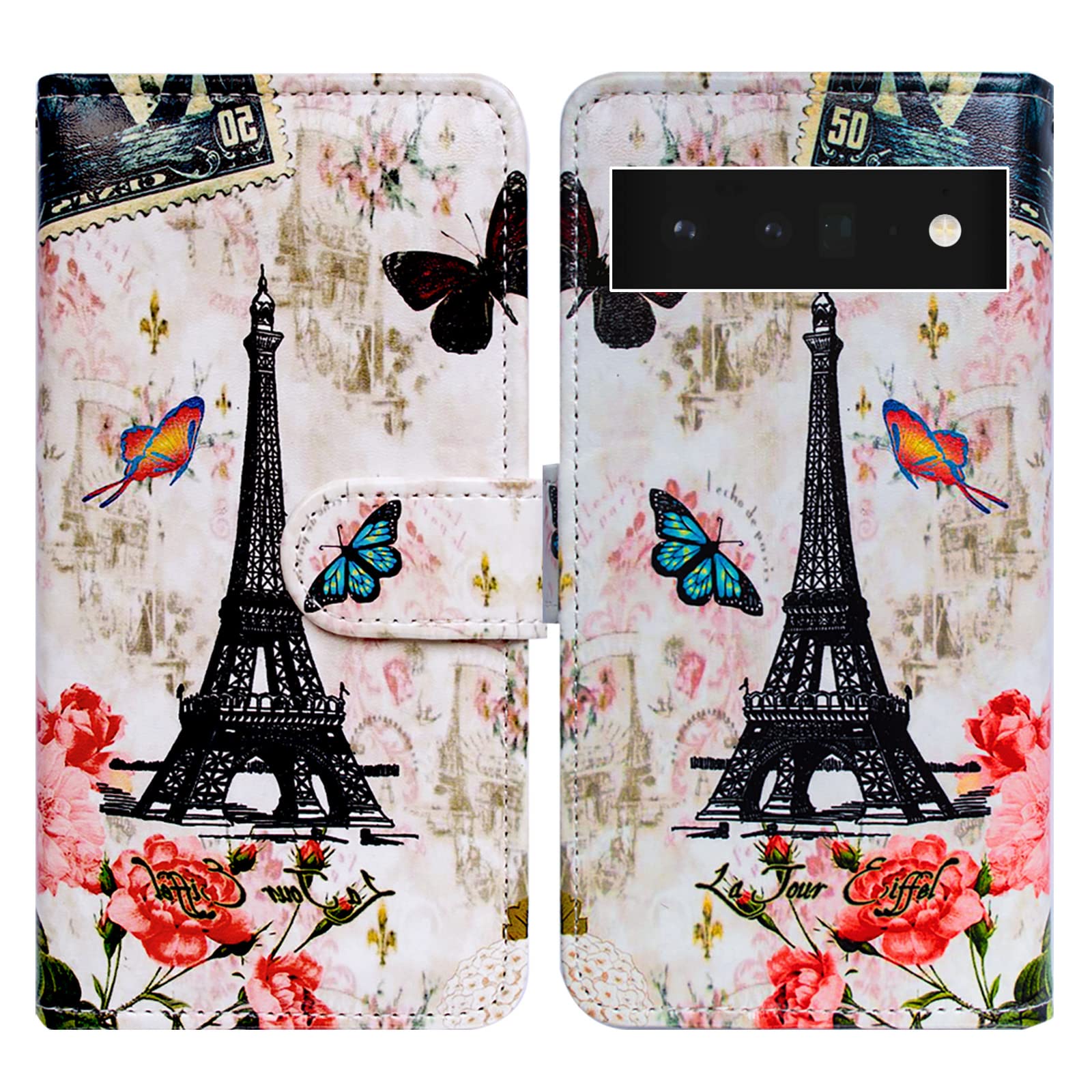 Bcov Pixel 6 Pro Case, Paris Tower Butterfly Leather Flip Phone Case Wallet Cover with Card Slot Holder Kickstand For Google Pixel 6 Pro