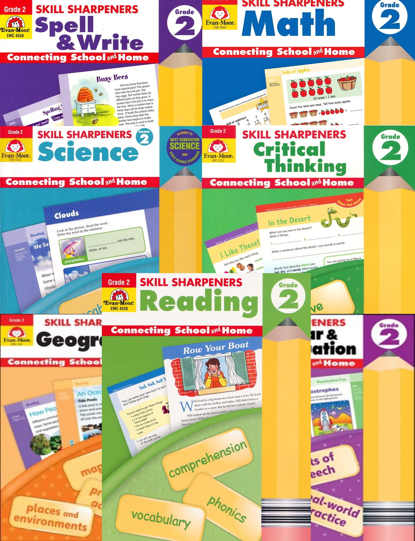 EVAN MOOR Skill Sharpeners Grade 2 7book set( Grammar and Punctuation,  Critical Thinking, Science, Spell &amp;Write, Reading, Geography, Math): Evan  Moor Grade 2 set: Amazon.com: Books