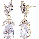CZ Bridal Earrings for Wedding Women’s Elegant Teardrop Cubic Zirconia Cluster Floral Leaf Crystal Rhinestone Dangle Drop Earring for Bride Bridesmaids Mother of Bride Party Prom Earrings for Girls