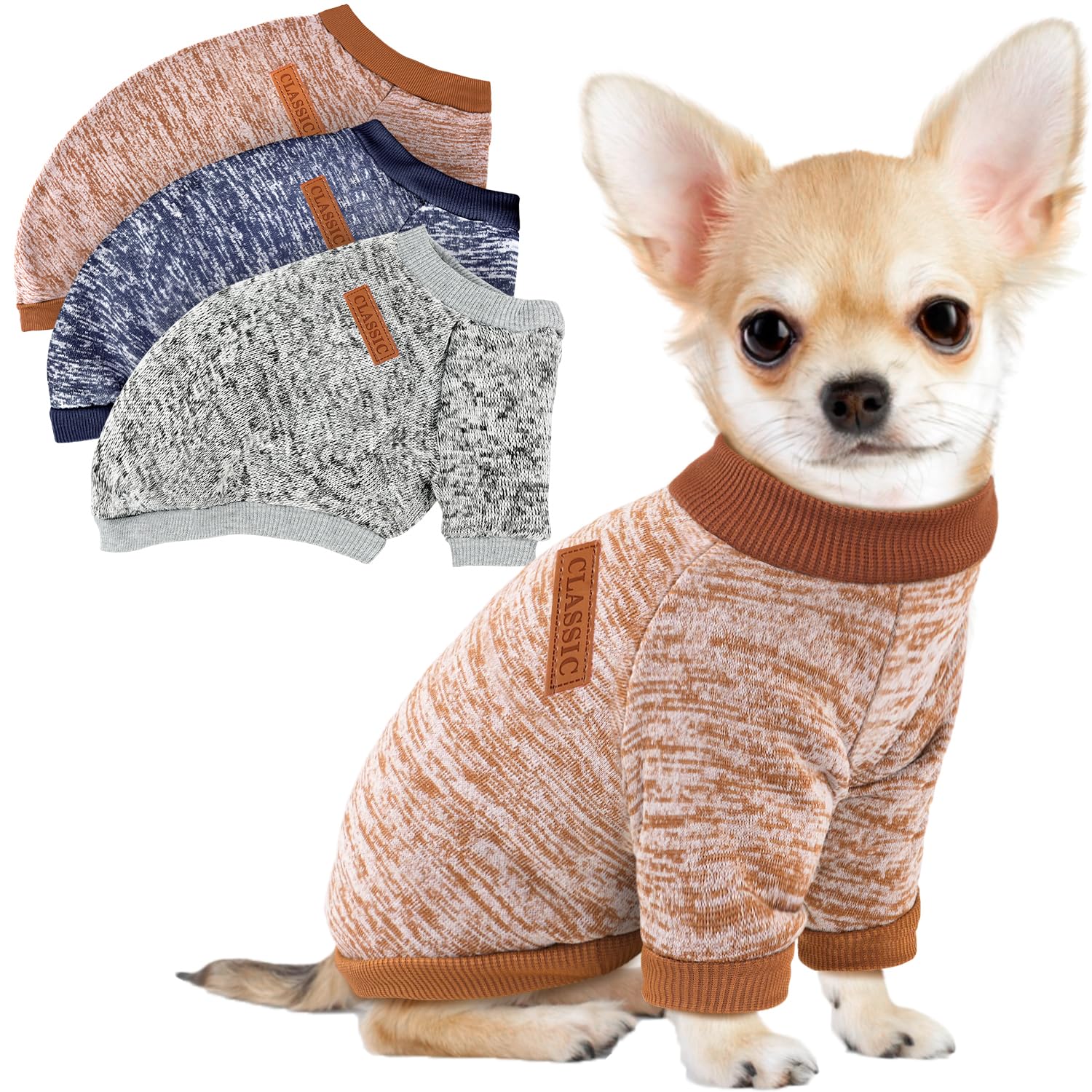 Photo 1 of 3 Pack Dog Sweaters for Small Dogs Girl Boy Winter Fleece Clothes Warm Soft Dog Sweatshirt Outfit for Dogs Cats Pet Apparel (Khaki, X-Small)