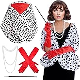 4 Pack Women Halloween Dalmatian Costume, Black White Dalmatian Shawl Scarf Stole, 1920s Red Glove, Faux Pearls Necklace for Adult