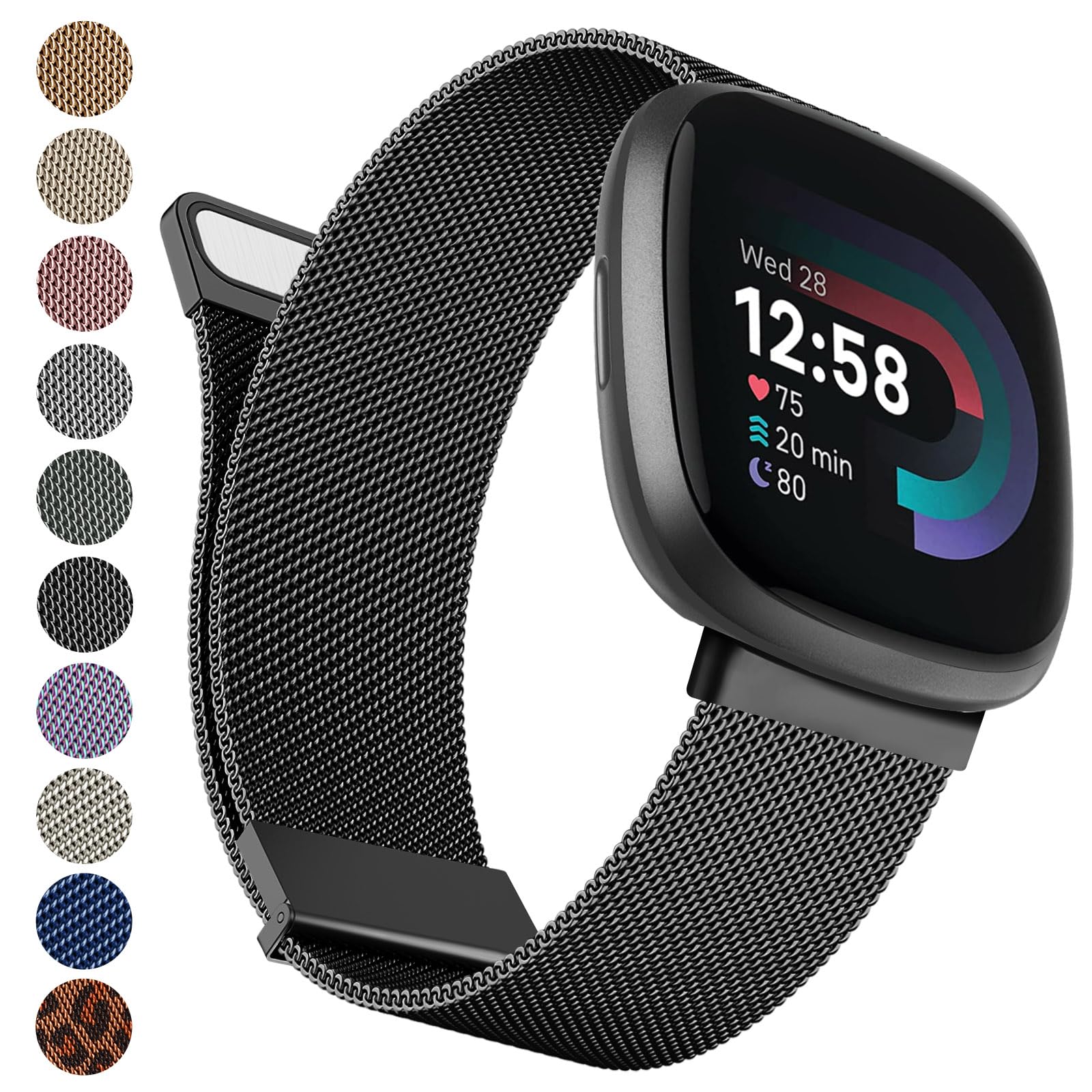 Metal Strap for Fitbit Versa 4, Sense 2, Versa 3, and Sense - Adjustable Stainless Steel With Double Magnetic Clasp Replacement for Women and Men (Black)