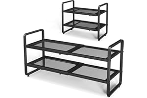SNTD Shoe Rack - Expandable Shoe Organizer for Closet, Adjustable Metal Shoe Shelf Storage, Stackable Long Shoe Stand Holder for Garage, Entryway, Door Entrance (Black, 2-Tier)