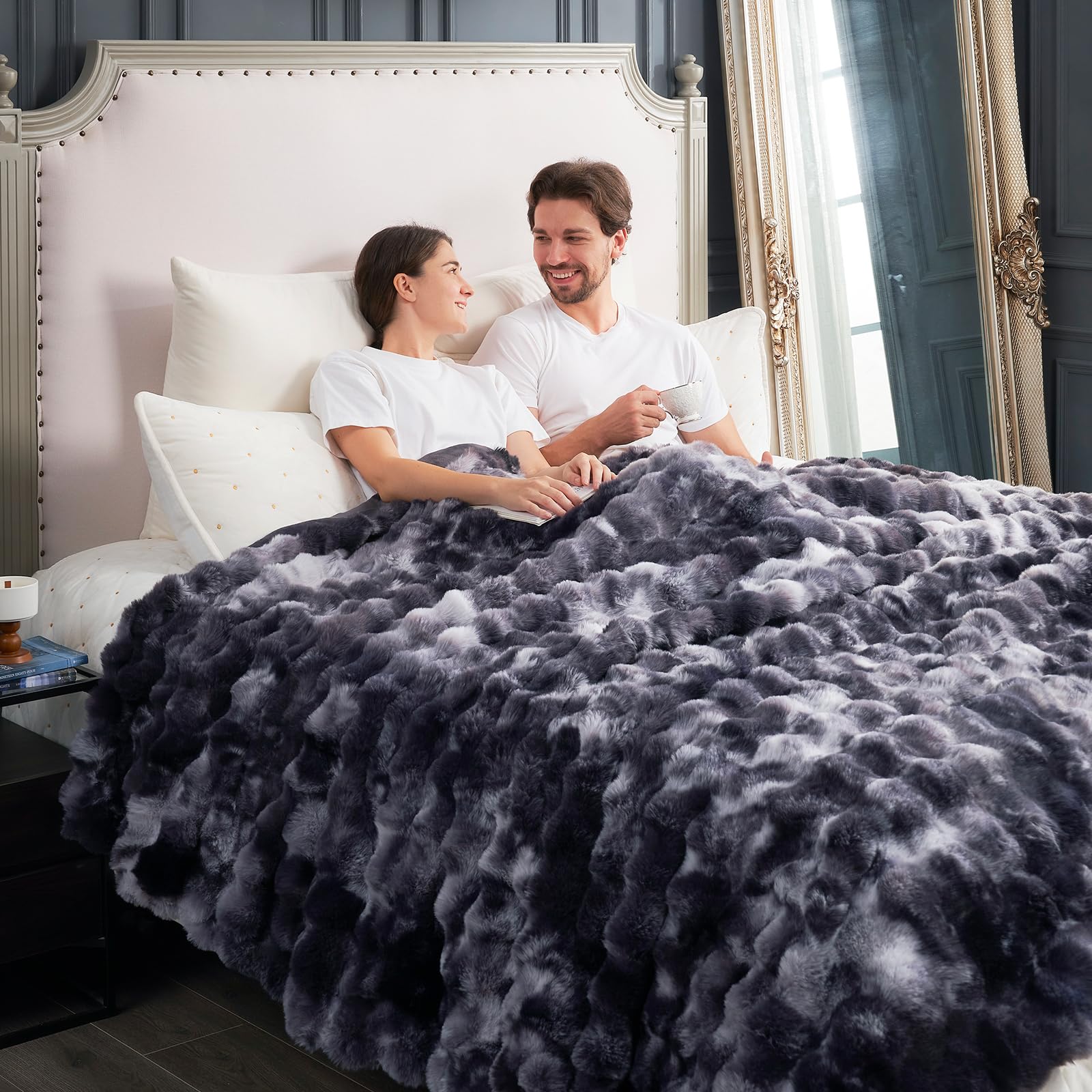Photo 1 of Cozy Bliss Faux Fur Throw Blanket for Couch, Fuzzy Soft Plush Thick Bubble Blanket for Sofa Bedroom Living Room, 90 * 90 Inches Tie Dye Black