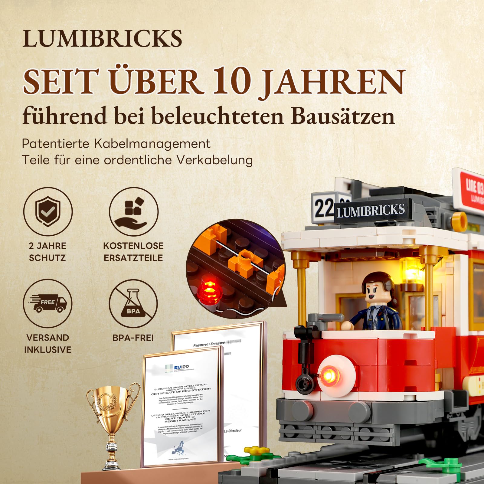 Lumibricks Heritage-Straßenbahn und -Haltestelle Bausatz mit Licht, Vintage-Dekor,kompatibel mit Modular Buildings,1274Pcs,Alter 16+, L9084 5