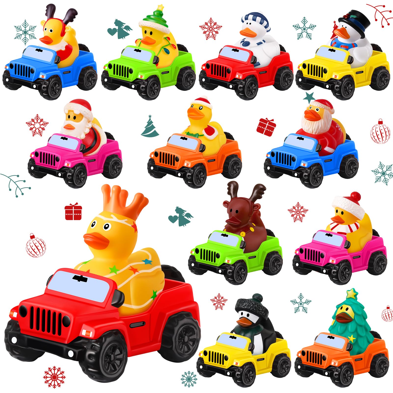 Photo 1 of 24 Pcs Christmas Rubber Ducks for Jeeps, 3.5 Inch Ducks for Ducking, Off-Road Vehicles Suitable for 2 Inch Ducks, 12 Christmas Rubber Ducks with 12 Cars, Bath Toy Christmas Party Favors Gifts