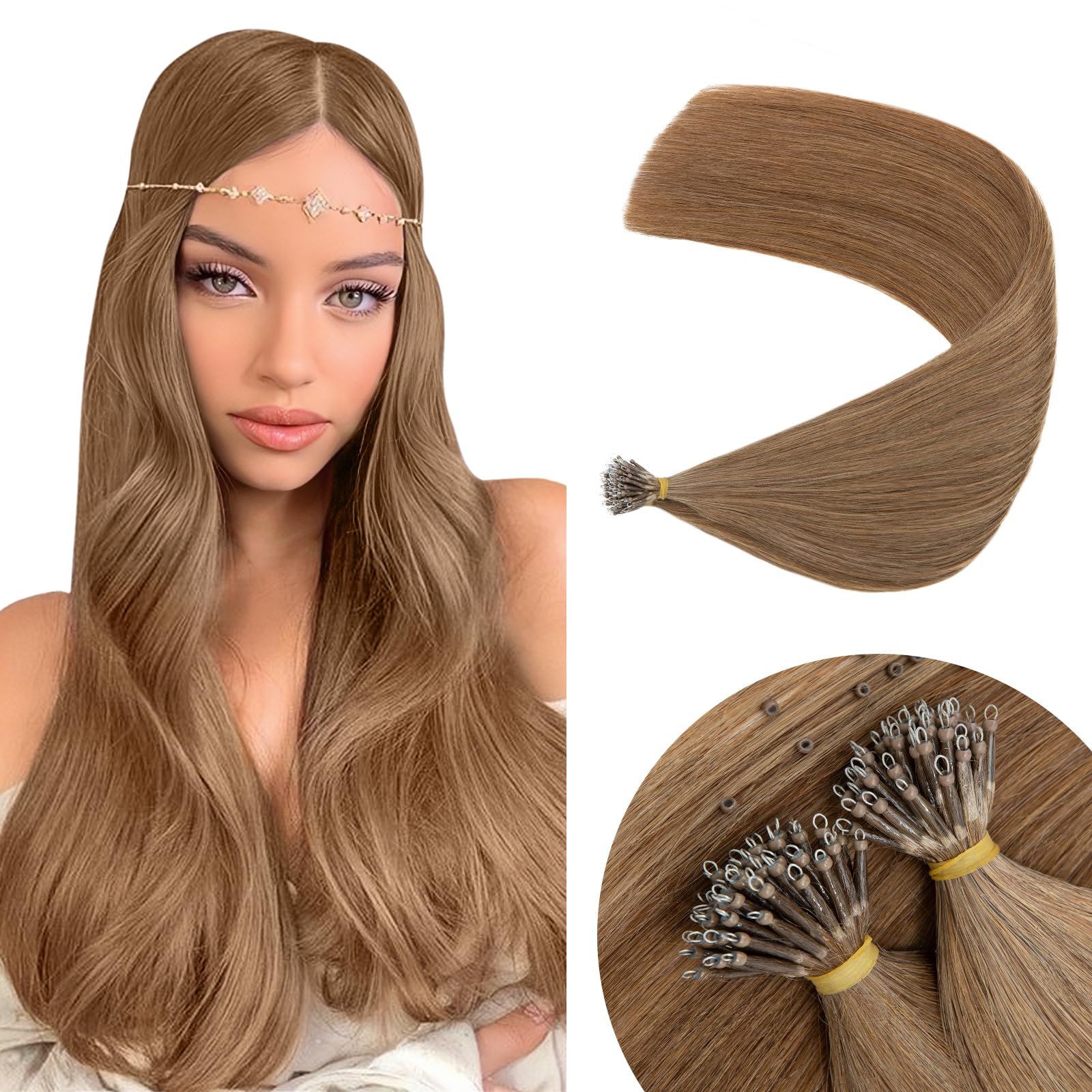 Elailite Hair Extensions Real Human Hair Nano Ring Nano Beads Cold Fusion 50 Strands 50g Straight (#6 Light Brown, 14 Inch) — image 1