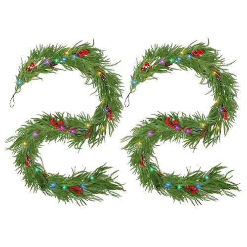 9FT Norfolk Pine Garland with Light, Realistic Christmas Tree Garland Prelit Real Touch Cedar for Mantle Fireplace Outdoor Indoor Decorations