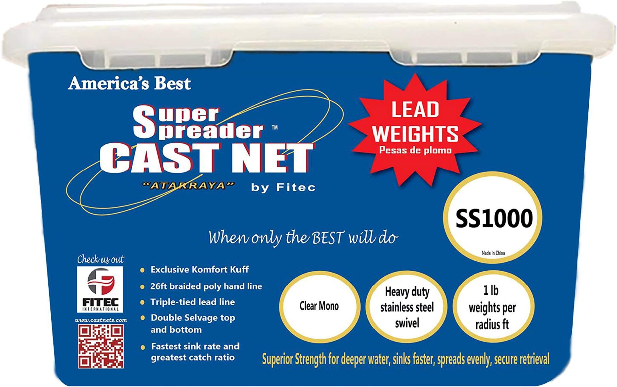 Fitec SS1000 Super Spreader Cast Net Clear 6' radius, 3/16" mesh, 1 Lb wts