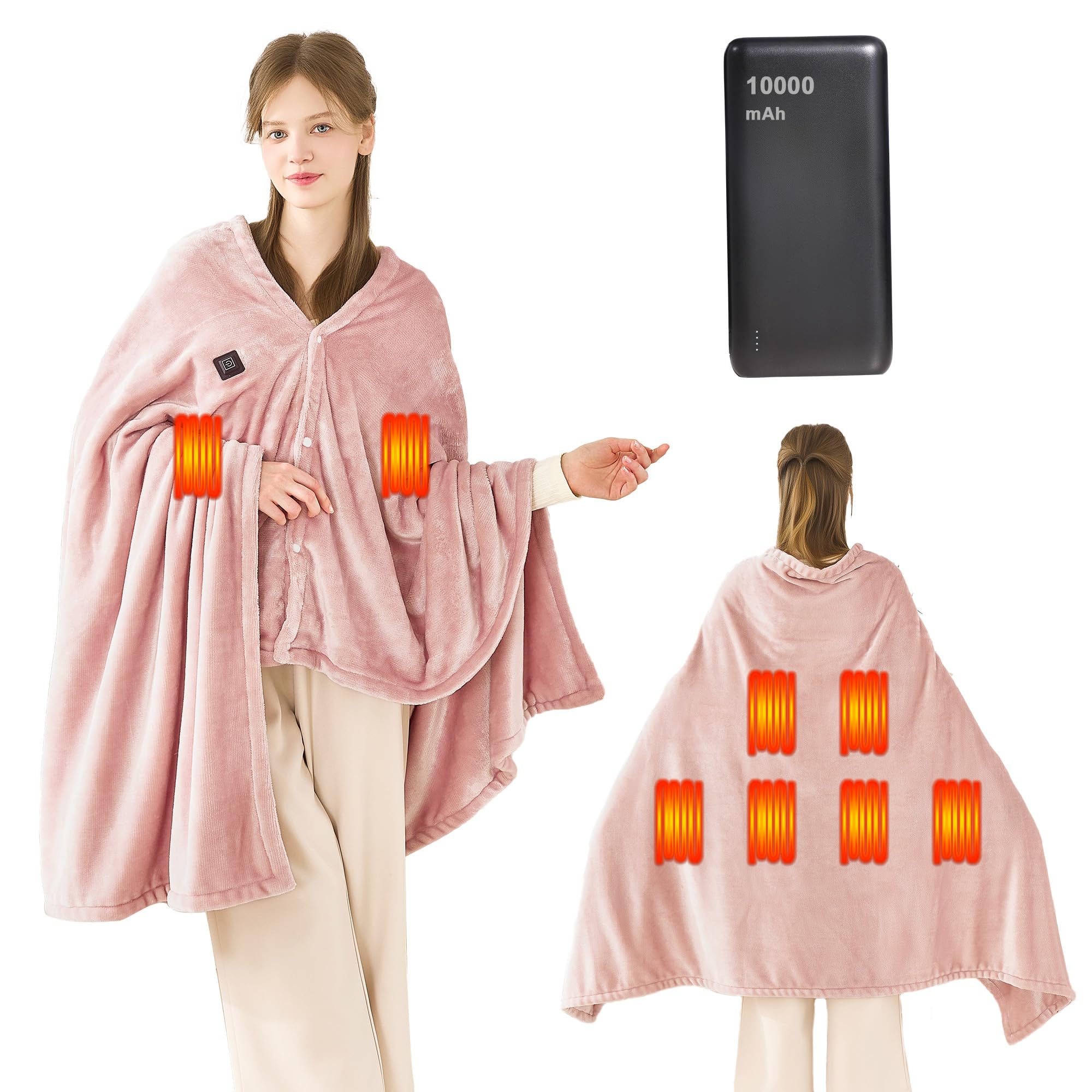 Photo 1 of Heated Blanket Wearable Electric Blanket with 10000mAh Power Bank, Heating Throw Blanket, Double-Sided Fleece Throws for Women Men Heating Hoodie for Indoor Outdoor, Machine Washable, Pink