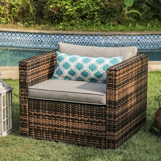 Amazon Com Cosiest Outdoor Furniture All Weather Mottlewood Brown Wicker Single Chair W Warm Gray Thick Cushions Teal Pattern Pillow Kitchen Dining