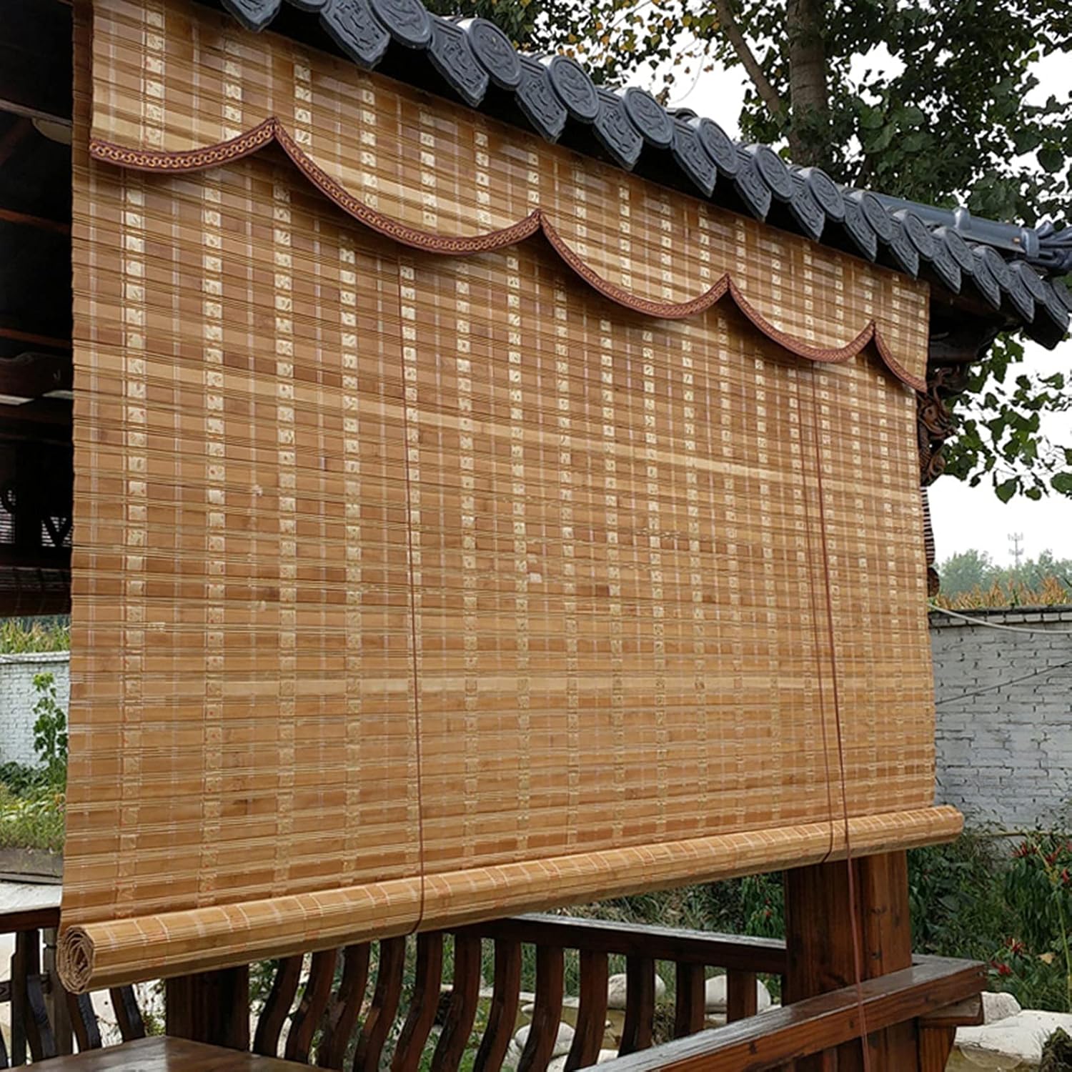 Pergola Balcony Exterior Roller Shade, UV Protection Bamboo Roller