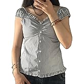 Womens Y2k Fairy Grunge Shirts Cap Sleeve Scoop Neck Button-up Blouse Ruffle Hem Babydoll Tops Coquette Clothes