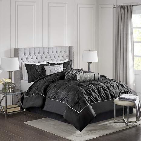 Amazon Com Madison Park Laurel Queen Size Bed Comforter Set Bed In A Bag Black Wrinkle Tufted Pleated 7 Pieces Bedding Sets Faux Silk Bedroom Comforters Home Kitchen