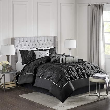 Madison Park Laurel King Size Bed Comforter Set Bed In A Bag Black Wrinkle Tufted Pleated 7 Pieces Bedding Sets Faux Silk Bedroom Comforters