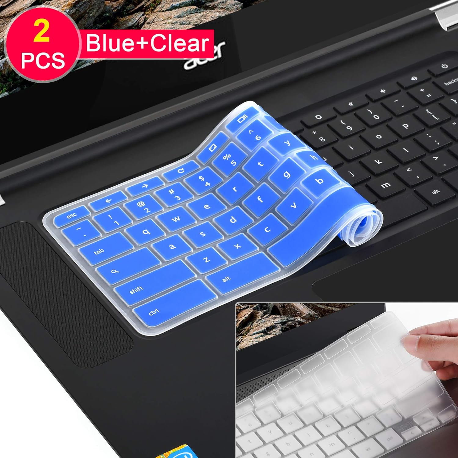 [2Pcs] Keyboard Cover for Lenovo Flex 11 Chromebook C330,Lenovo Chromebook N20 N21 N22 N23 100e 300e 500e 11.6 inch Chromebook, Chromebook N42 N42-20 14 inch,Lenovo Flex 3 2-in-1 (Blue+Clear)