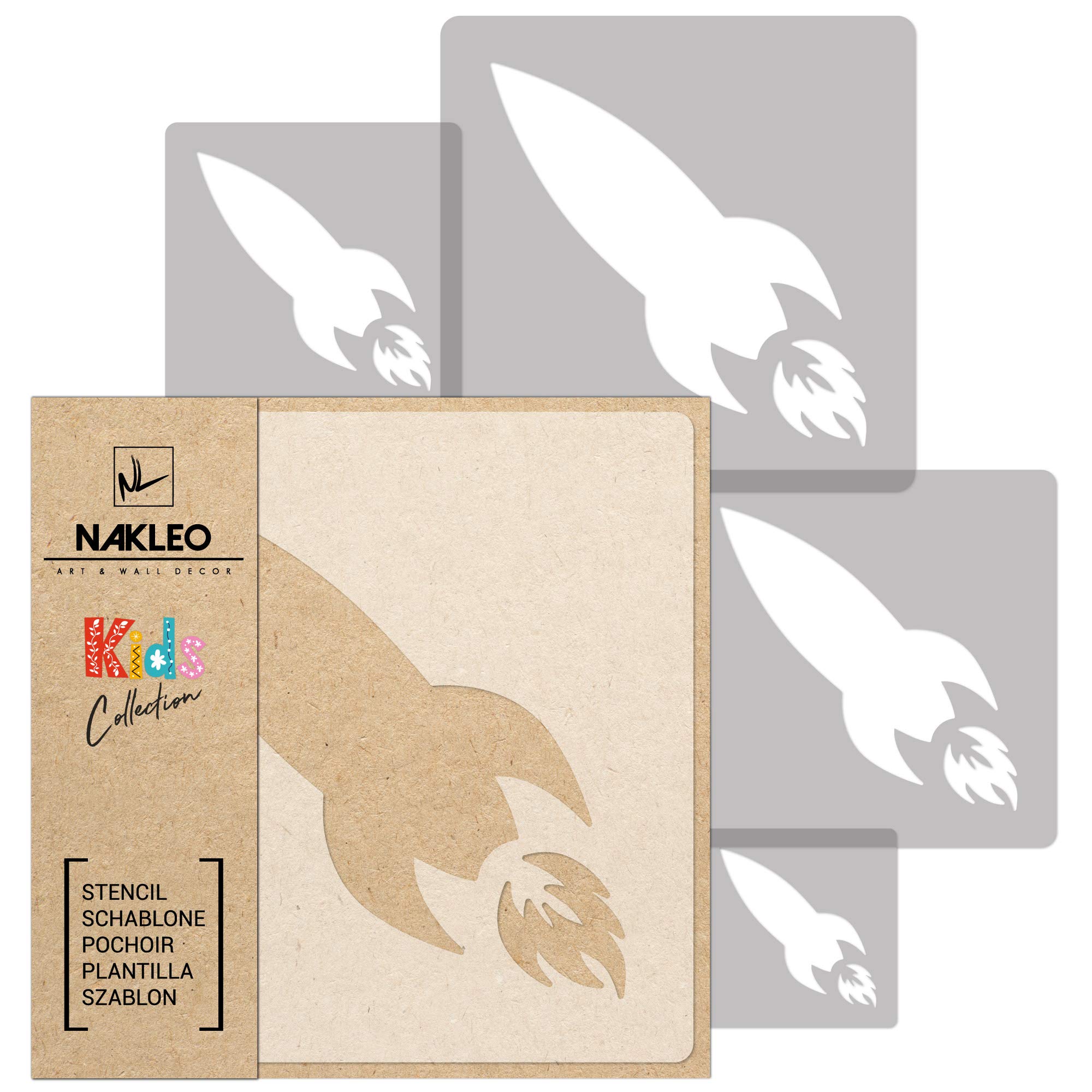 NAKLEO Painting Stencils Set for Nursery Room, 5 Pcs Templates 9x9 to 34x34cm Rocket Space Skyrocket, Plastic and Reusable Drawing Stencils, Decor, Craft DIY Wall Furniture