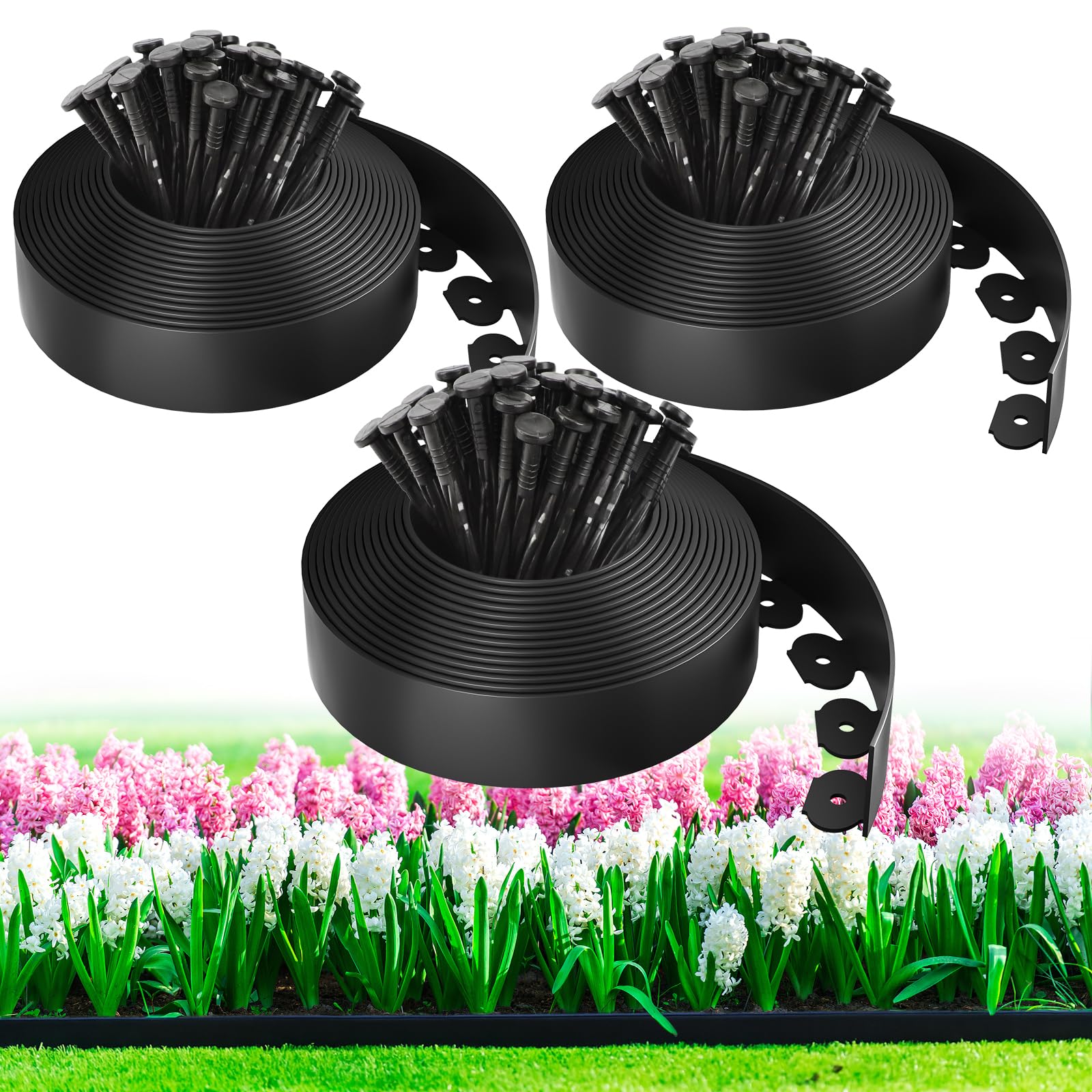 Photo 1 of 100ft,1.5in Tall Landscape Edging Kit with 150 Spikes, No-Dig Flexible Plastic Edge Border for Landscaping, Lawn, Garden, Flower Beds, Yard, Paver, Playground, Fence, Pathway, Black,3pack, 33ft Each