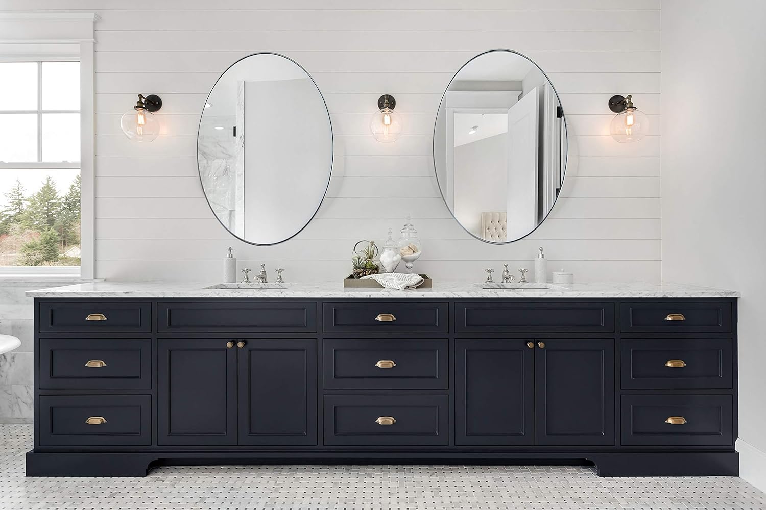 ANDY STAR Oval Mirrors for Bathroom, 24x36'' Brushed Silver Oval Wall Mirror in Stainless Steel Metal Frame 1'' Deep Set Design, Hangs Horizontal or Vertical: Kitchen & Dining