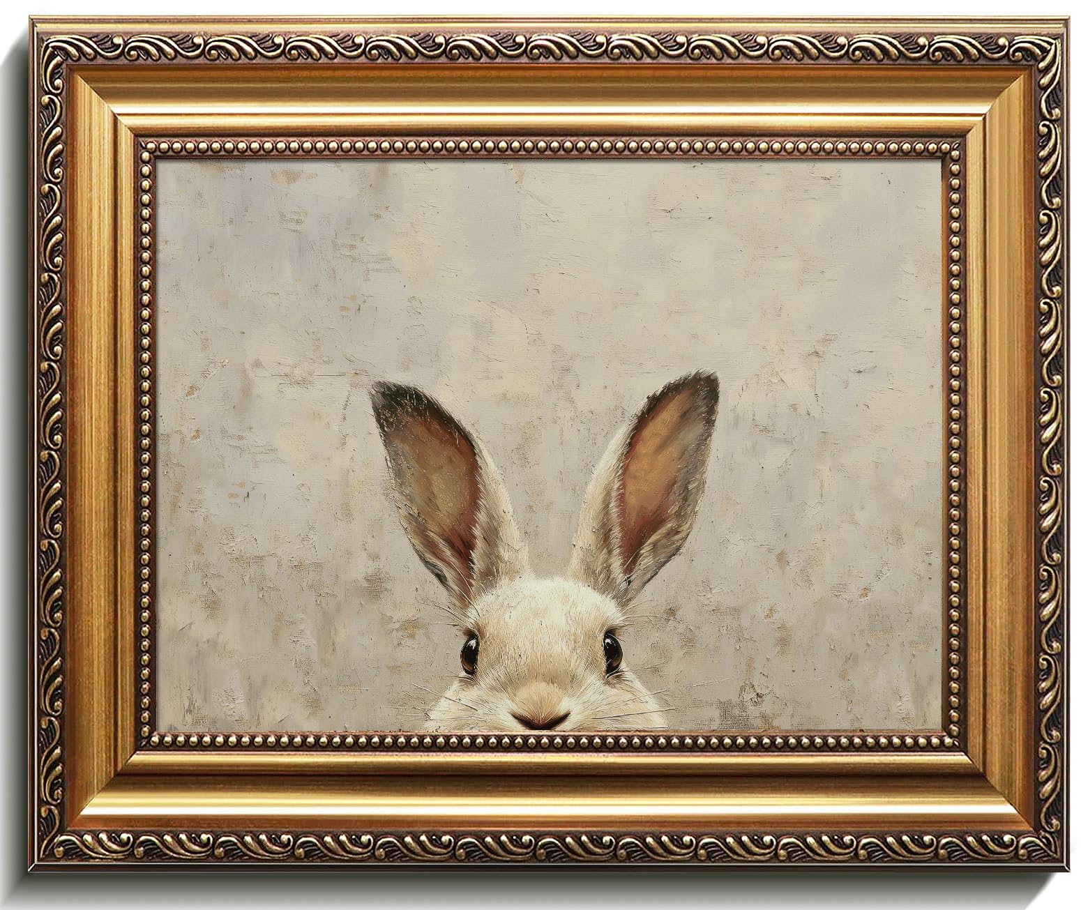 Photo 1 of Uniro Vintage Gold Framed Wall Art, Easter Bunny Wall Art Decor, Neutral Rabbit Canvas Oil Painting Poster for Rustic Easter Décor, Vintage Home Decor Animals Artwork Prints Wall Decor for Kids Room, Living Room, Bedroom or Festive Spaces - 9x12inch