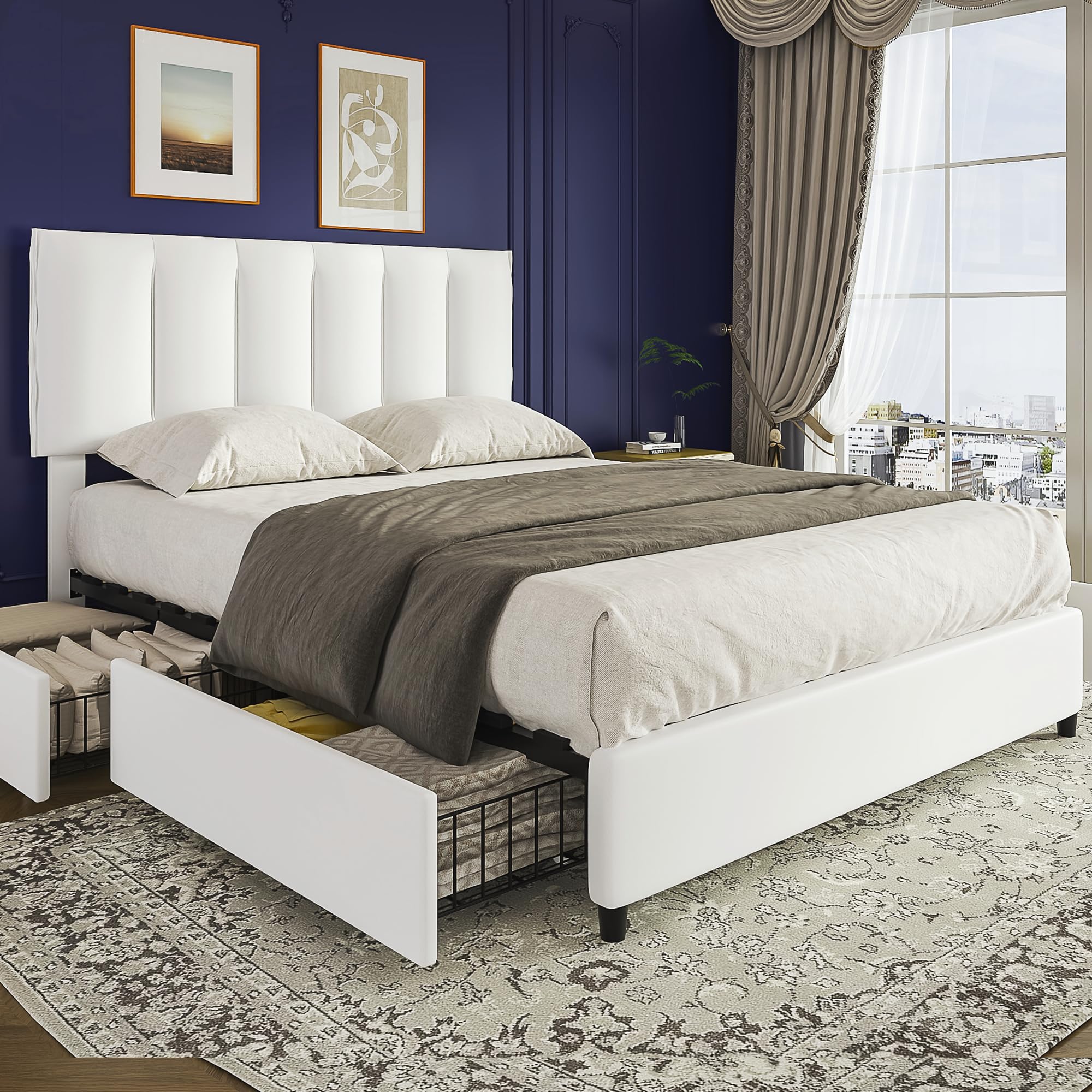 VECELO Queen Size Bed Frame with 4 Storage Drawers, Adjustable Height Headboard, Heavy-Duty Platform Bedframe with Strong Wooden Slats, No Box Spring Needed, Pure White Image