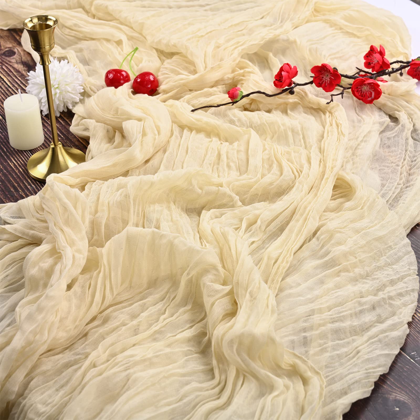 YMHPRIDE 2 Packs Cheesecloth Table Runner, 35"x120" Ivory Rustic Gauze Fabric Boho Table Runner, Cheesecloth Wedding Table Decor Table Cloth for Wedding Party Bridal Shower Table Decorations — image 1
