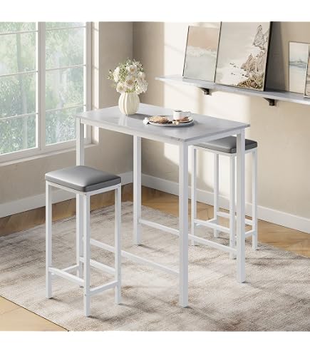 Table Bar + 2 Tabourets - Ensemble Mange-Debout 90x60cm - Style Faux Marbre Pour Cuisine/Salon