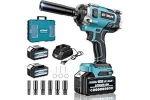 GEVEELIFE 850N.m (640Ft-lbs) Brushless Impact Wrench, 1/2" Cordless Impact Gun w/ 2x 5.55Ah Battery, 2h Fast Charger & 6 Sockets, 3300RPM Power Impact Driver for Car/DIY Furniture/Lawn Mower