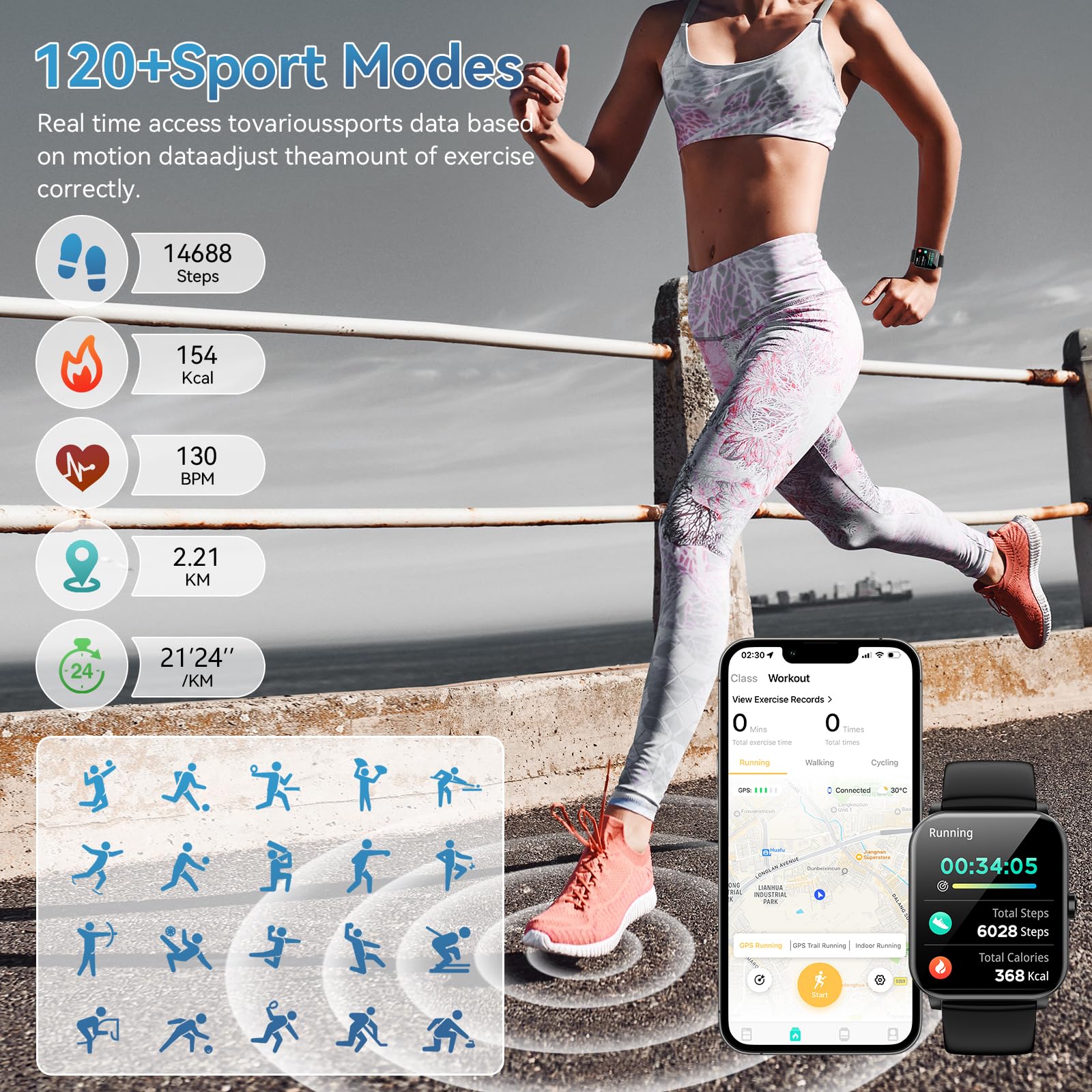 Smart Watch, 1.85" HD Smartwatch for Men Women (Answer/Make Calls), Fitness Watch with Heart Rate/Sleep/IP68 Waterproof/120+ Sports Modes/Spo2 Monitor, Pedometer, Android Smart Watch for Android iOS - Image 3