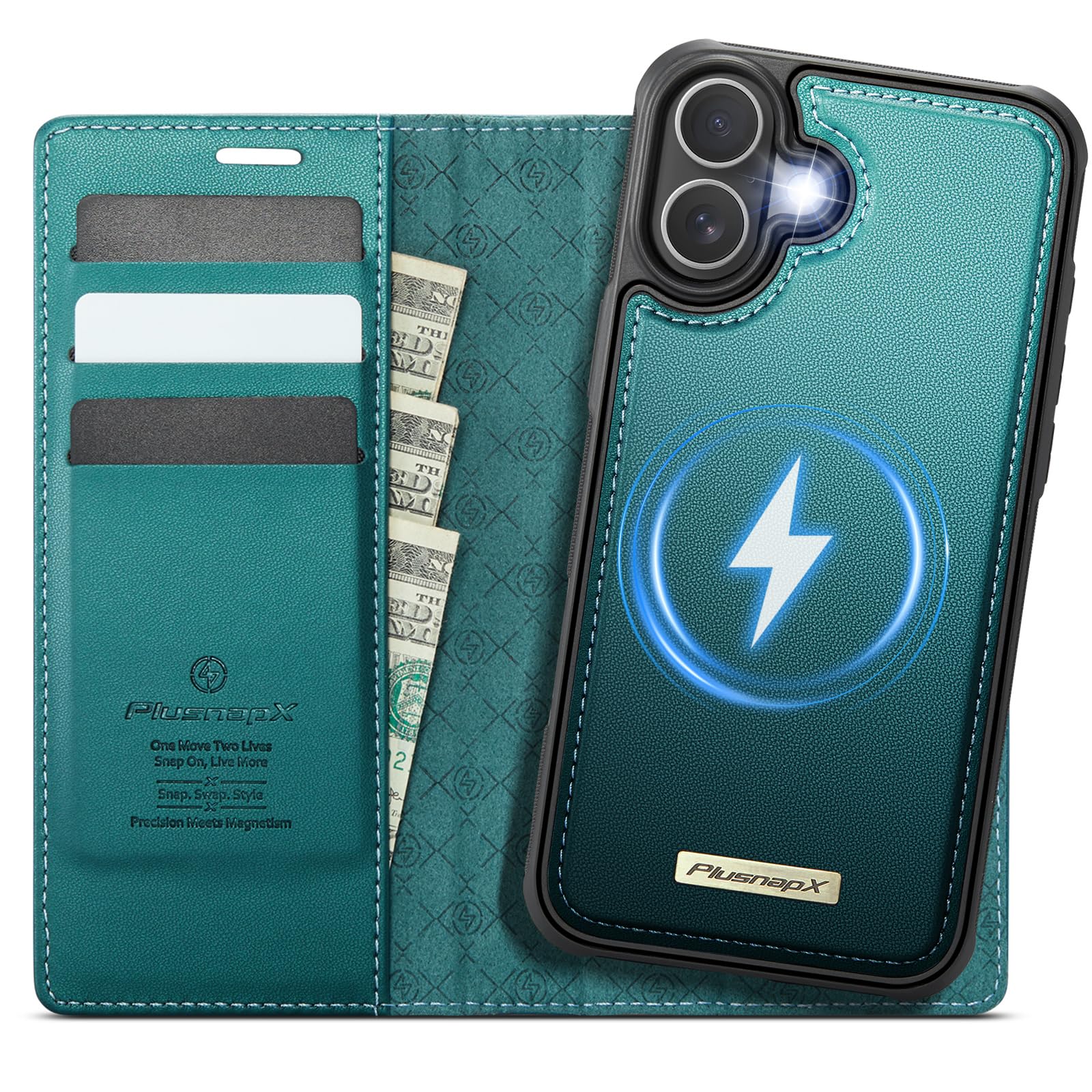 Photo 1 of PlusnapX Wallet Case for iPhone 16 Compatible with Magsafe, 2-in-1 PU Leather Flip RFID Blocking Card Holder Stand Shockproof Magnetic Detachable Cover for iPhone 16 Case 6.1", Bluegreen