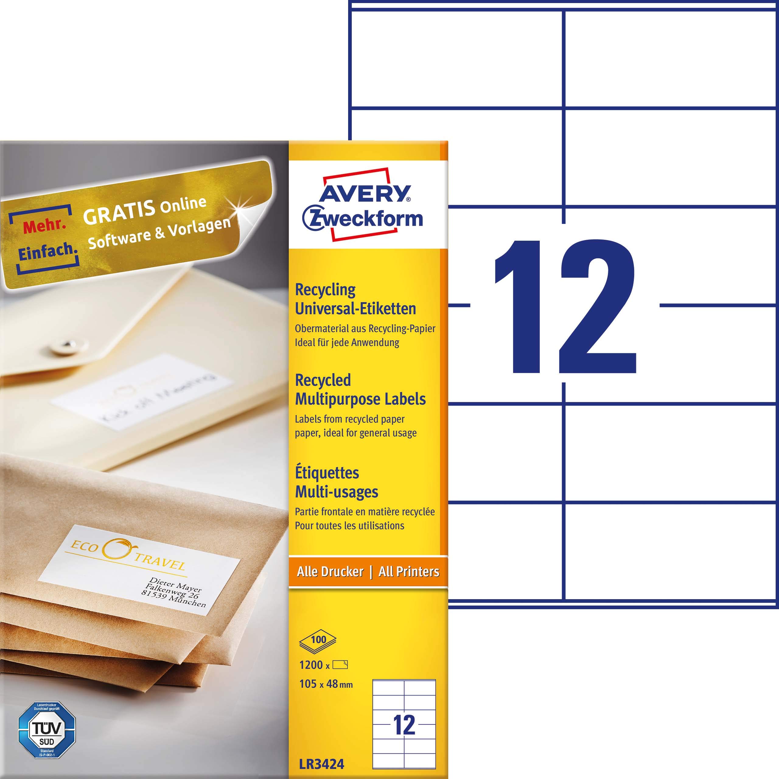 Avery Zweckform LR3424 Recycled Labels 105 x 48 mm 100 Sheets