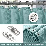Shower Curtain 182x182cm Turquoise with Metal Hooks, Waffle Fabric view 4