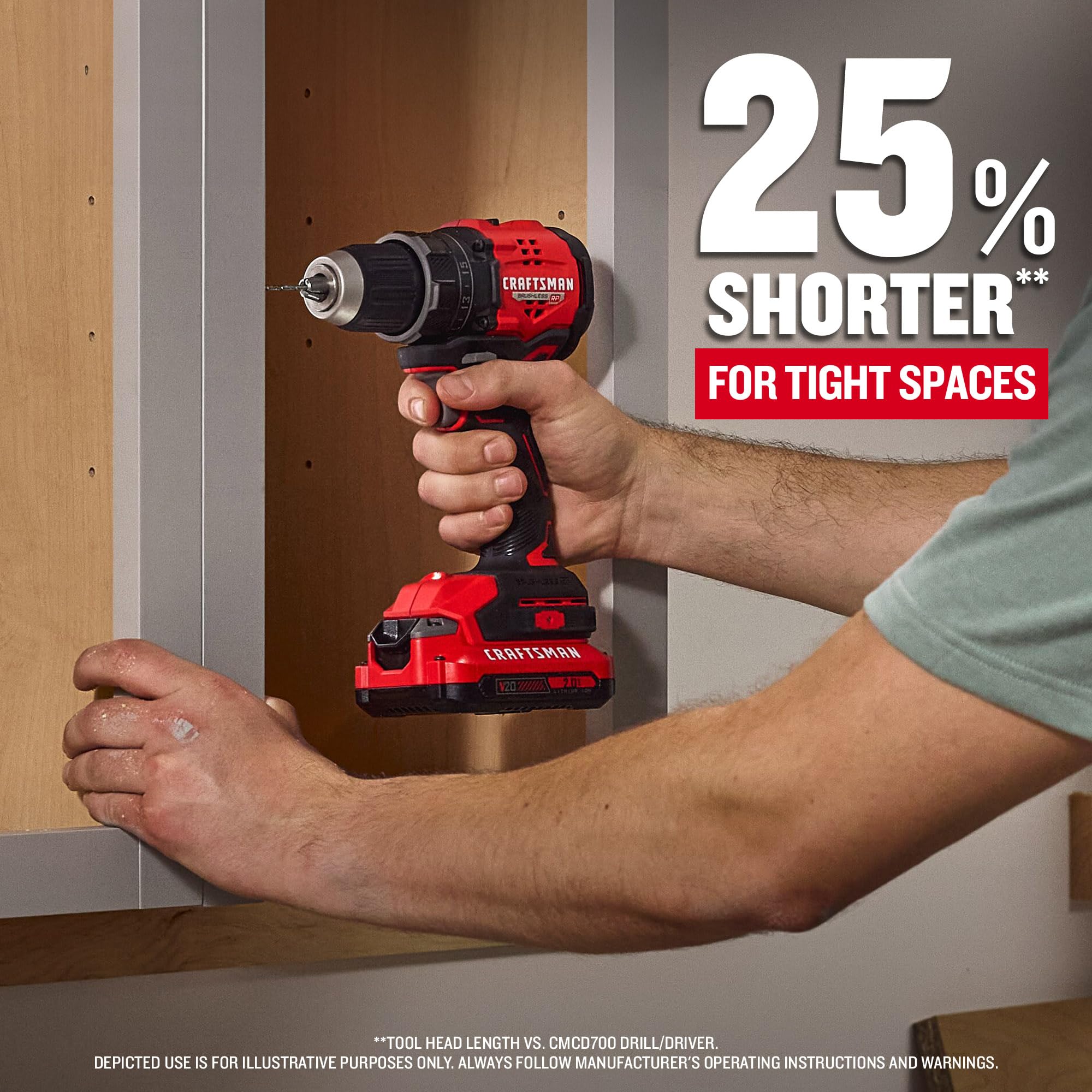 CRAFTSMAN V20 BRUSHLESS RP Compact Drill/Driver, Variable Speeed Trigger, Built In LED, Includes Battery and Charger (CMCD714D1)