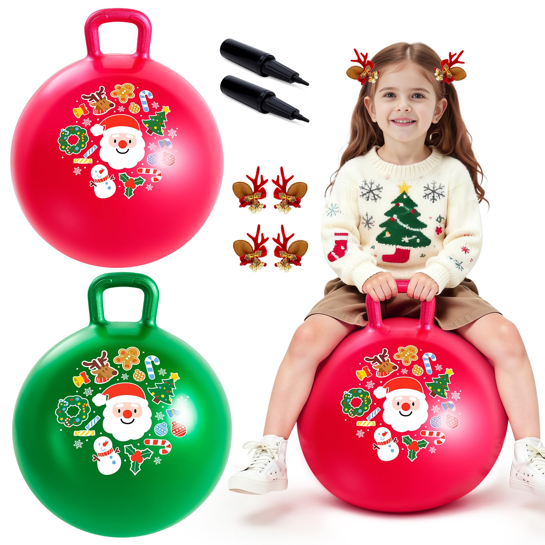 ZOOJOY Hopper Ball 2-Pack Set for Girls&Boys 3-8 with Free Hair Clips, Festive Red & Green 18in Bouncy Ball with Handle for Kids, Christmas Toys Indoor and Outdoor Play Includes Pumps Image