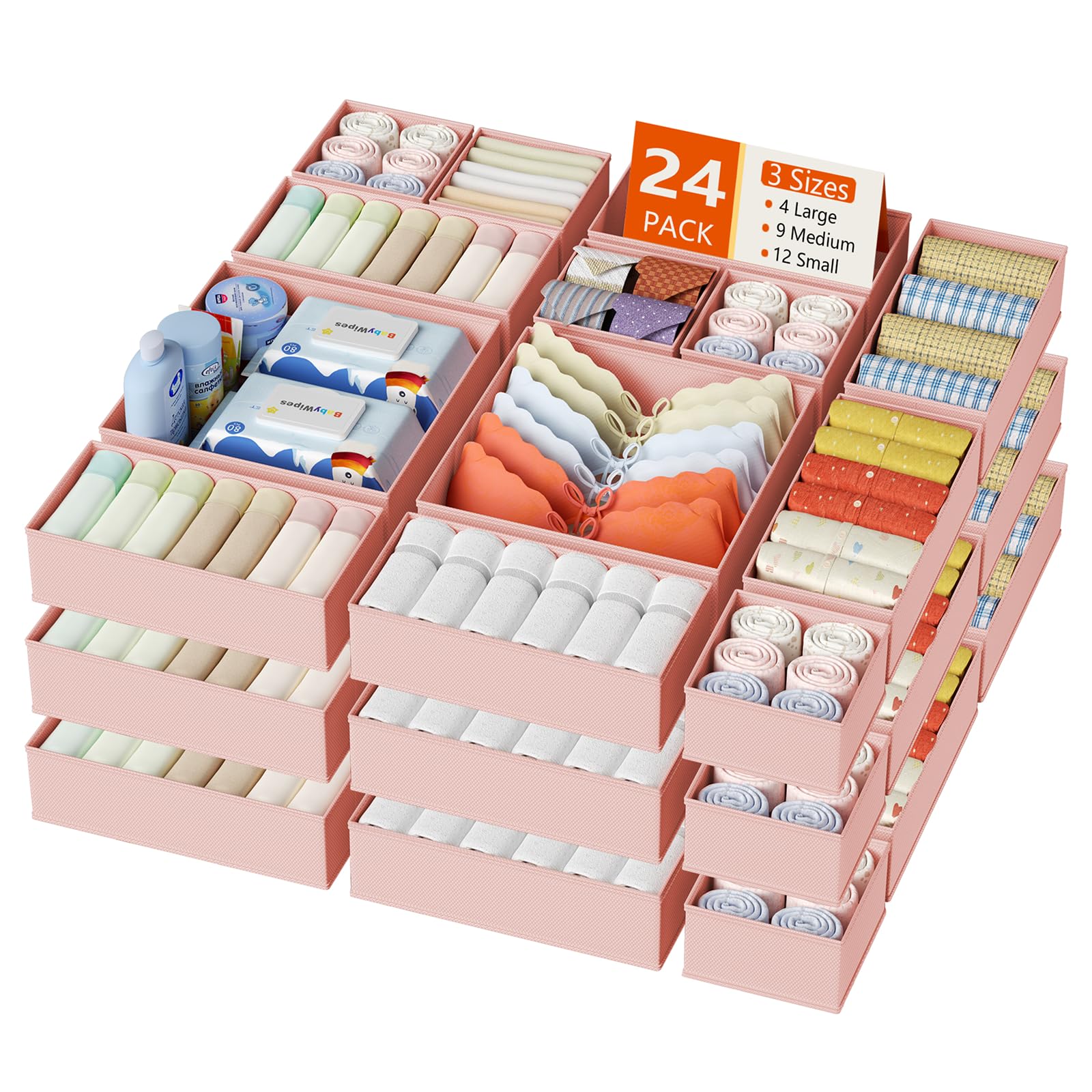 DIMJ Drawer Organizer Clothes, 24 Pack Dresser Organizer, Foldable Closet Organizers and Storage, Fabric Dresser Bins, Drawer Dividers for Nursery, Baby Clothes, Underwears, Sock (Pink) Image