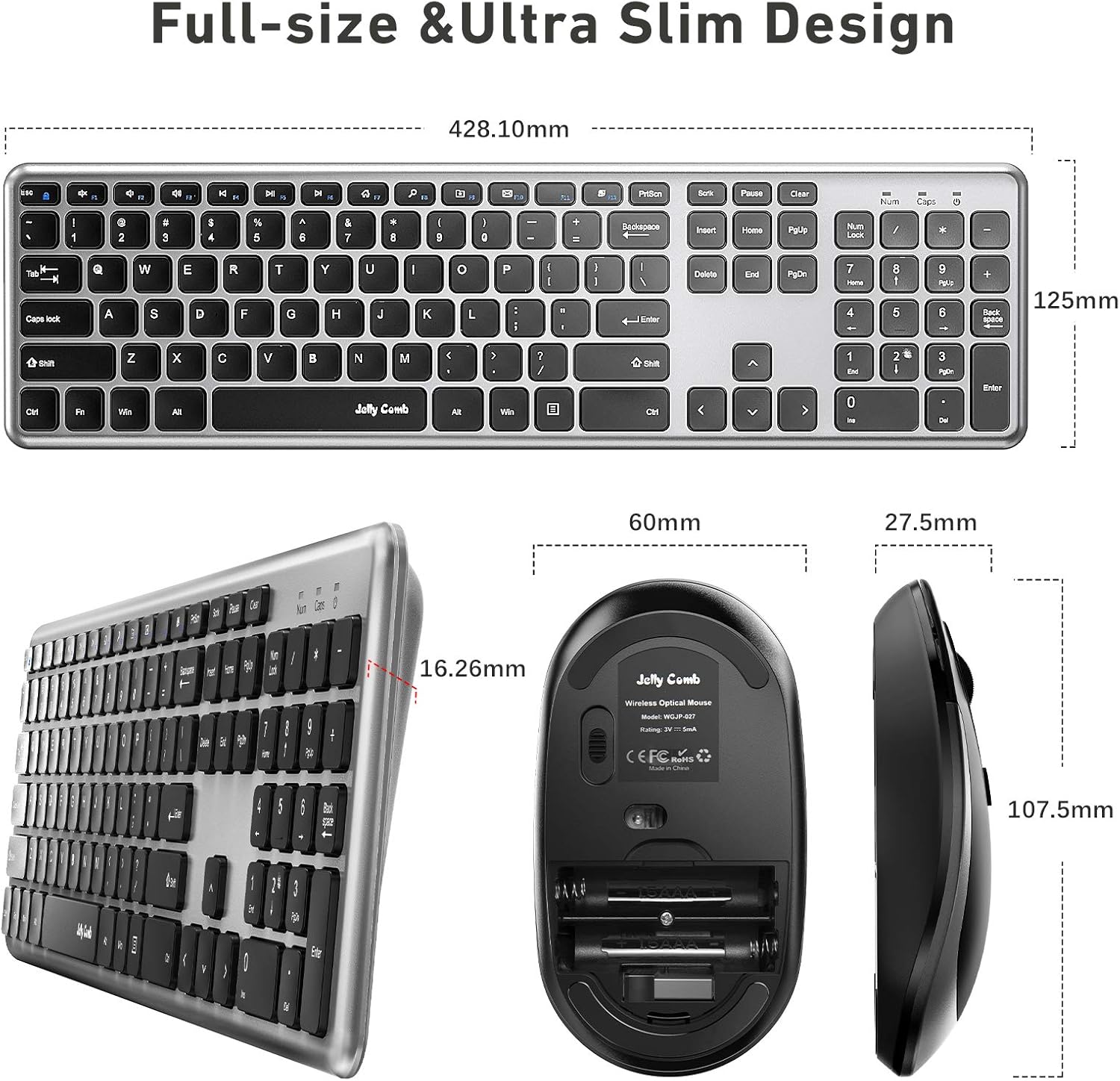 Wireless Keyboard and Mouse Combo, Jelly Comb KUT027 Wireless Keyboard and Mouse 2.4GHz Full Size Ultra-Thin Keyboard Mouse for Computer, Laptop, PC, Desktop, Windows 7, 8, 10 -Black and Sliver: Computers & Accessories