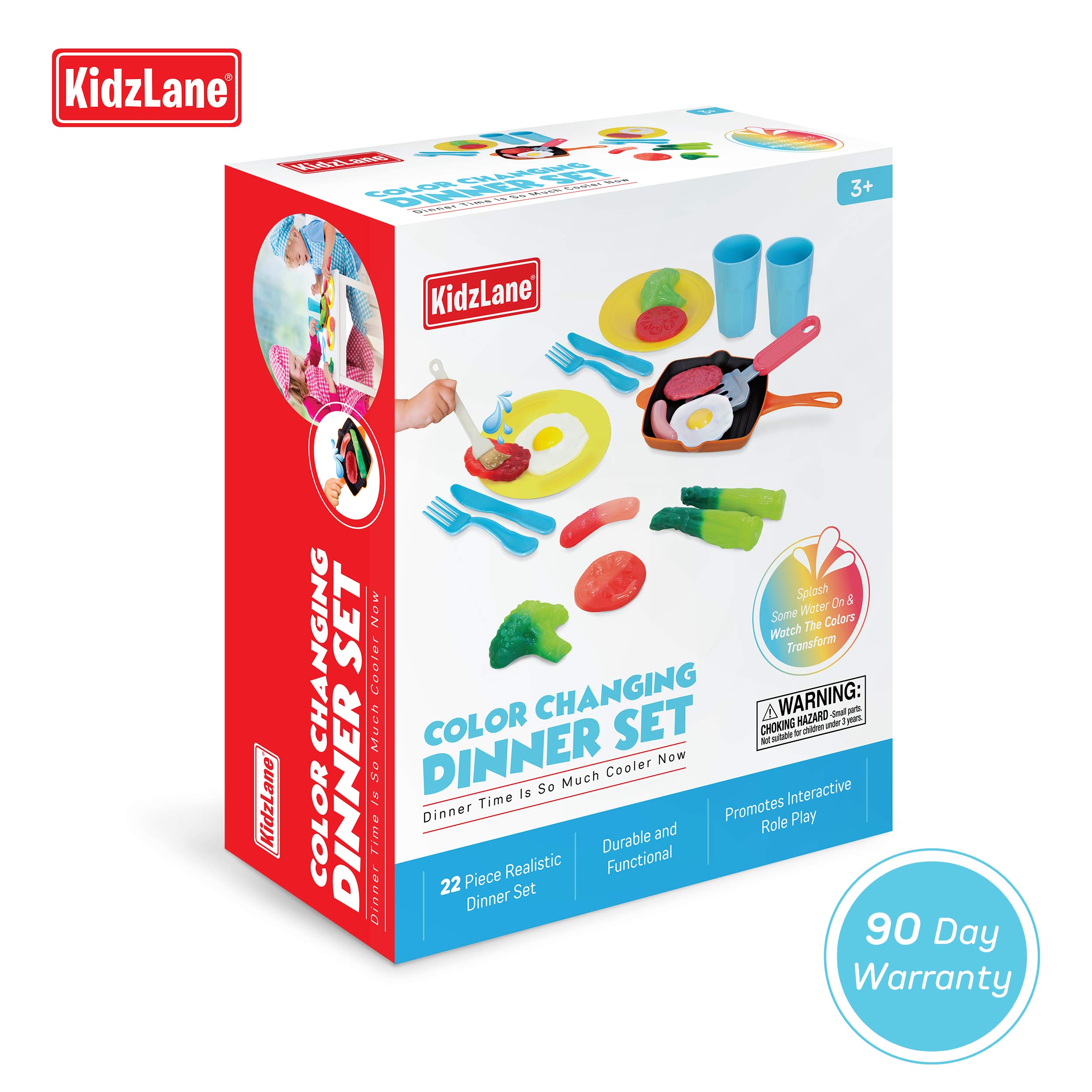 Kidzlane Kitchen Play Food and Dishes Set - 22 Piece Water Activated Color Changing Pretend Food Toy Set for Toddlers and Kids - Dinner Plastic Food Set
