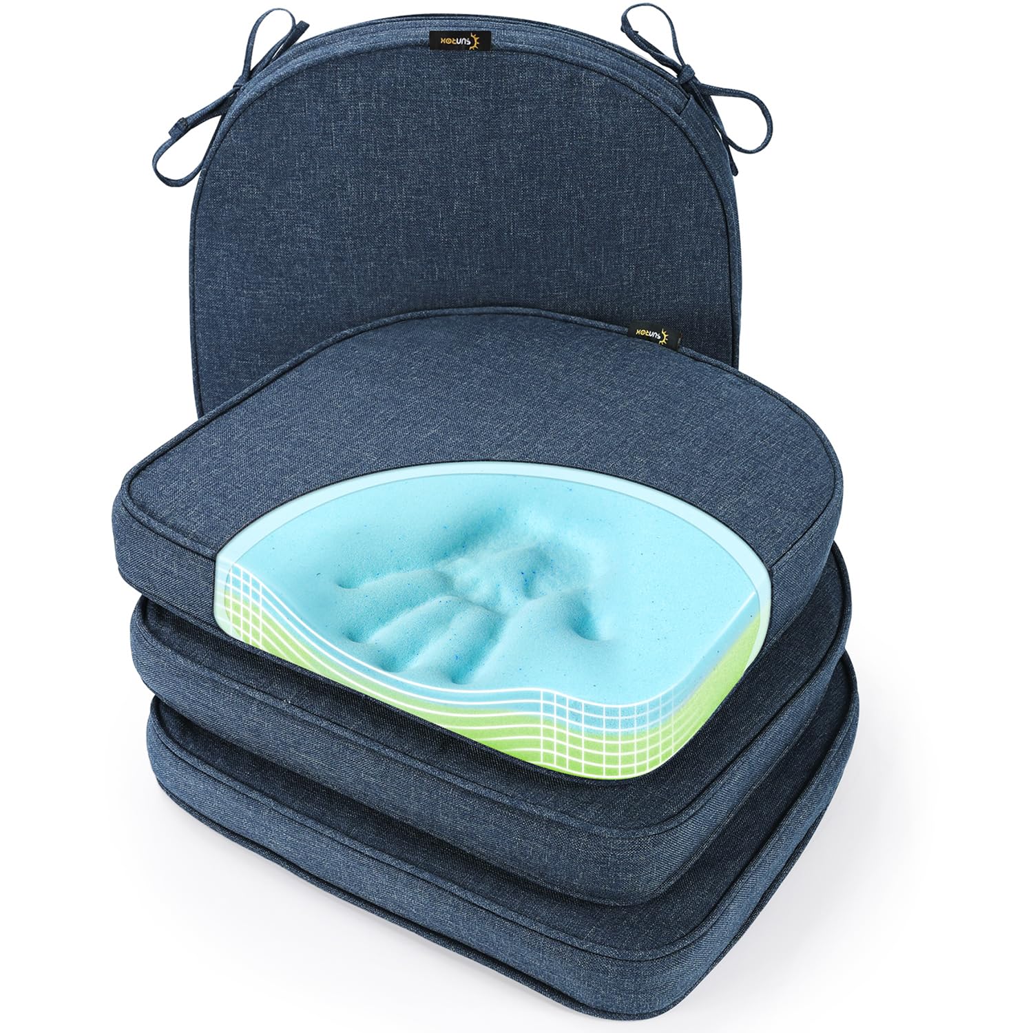 Photo 1 of SUNROX Gel Memory Foam Chair Cushion with Ties, Ultra Durable Water Resistant FadeShield Outdoor/Indoor Reversible Chair Seat Cushion 17 x 16 inch Set of 4, Heather Indigo