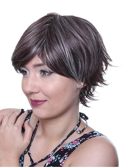 Prettyland C135 Parrucca Capelli Corti Castano Scuro Castano Rossiccio Con Meches Bianchi Taglio Morbido Naturale Con Frangia Lunga Laterale