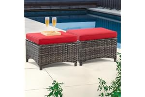 MeetLeisure Outdoor Ottomans for Patio Set of 2 PE Wicker Steel Frame Outdoor Footstool with Removable Olefin Cushions for Patio, Backyard and Deck, Red