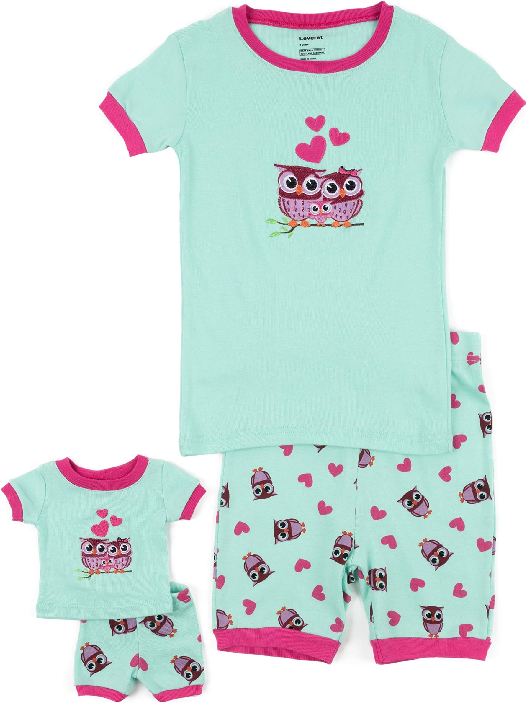 Leveret Shorts Kids & Toddler Pajamas Matching Doll & Girls Pajamas 100% Cotton Owl Pjs Set (2-10 Years) Fits American Girl